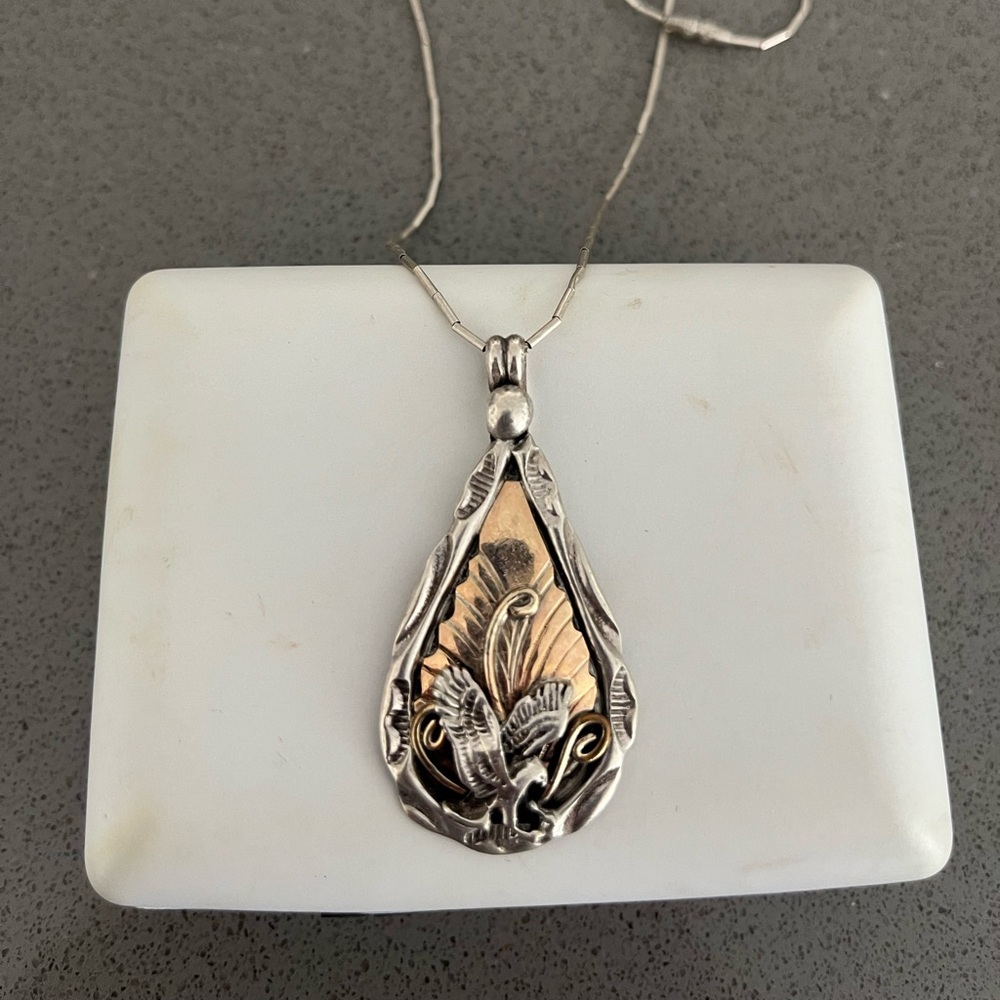 Vintage Native American Sterling Silver and Gold Pendant Necklace